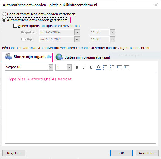 Autoamtisch antwoorden binnen en buiten de organisatie
