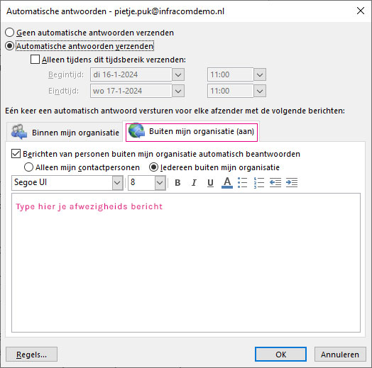 Autoamtisch antwoorden buiten de organisatie